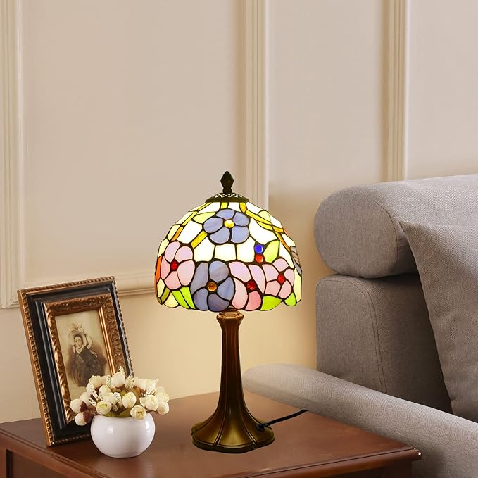 Tiffany Lamp Morning Glossy Stained Glass Table Lamp 8x8x15 Inches Flower Style Desk Reading Light Decor for Beside Bedroom Living Room Home Office