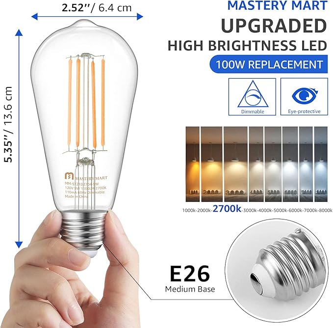 MASTERY MART 100 Watt LED Bulb, Edison Bulbs, Dimmable Light Bulbs E26, 2700K Soft White Bright 9W 1100 Lumens, ST21/ST64 Vintage Lightbulb, UL Listed, Clear Glass, Decorative Light Bulb (10 Pack)