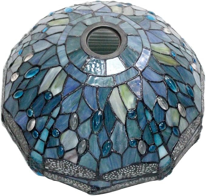WERFACTORY Tiffany Lamp Shade Replacement 12X6 Inch Sea Blue Stained Glass Dragonfly Lampshade Only 1-5/8-Inch Fitter Opening for Arched Floor Lamp, Torchiere Lamp, Pendant Light S147 Series