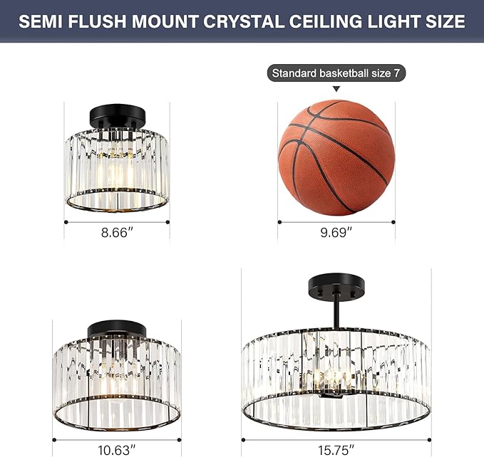 Crystal Black Semi Flush Mount Ceiling Light Modern Hallway Light Fixture Metal Close to Lamp for Entryway Bedroom(8.66 inch)