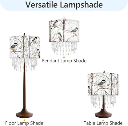 Winter Bird Tree Lamp Shade with Acrylic Bead Droplets, Blue Jay Fabric Light Shade for Pendant Table & Floor Lamp, Nature Gift for Bird lover or Garden Women, 15.7in