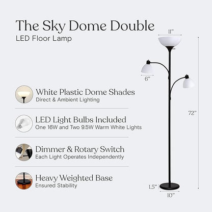 Brightech Sky Dome Double LED Floor Lamp, Torchiere Super Bright Floor Lamp with 2 Reading Lamps for Living Rooms & Offices - Dimmable Tall Standing Lamp for Bedroom Reading - Tall Black Pole