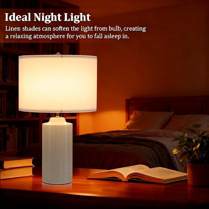23" Ceramic Table Lamps Set of Two, White Ceramic Desk Lamps for Living Room, Farmhouse Bedside Lamps for Bedroom Decor, Beige Nightstand End Table Lamps