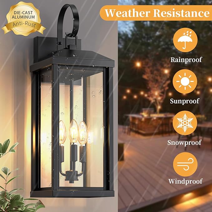 24Inch Extra Large Outdoor Wall Light 3-Light, Waterproof Black Exterior Lighting Fixtures Outdoor Porch Lighting Wall Mount, Modern Exterior Wall Sconce Outside Coach Light for Garage House, 1Pack