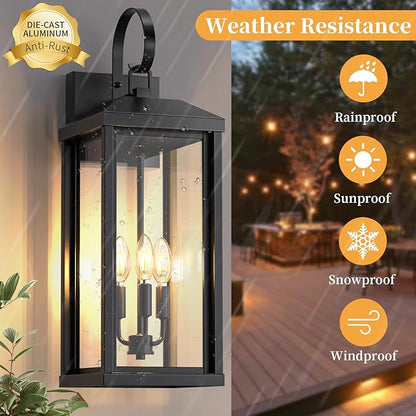 24Inch Extra Large Outdoor Wall Light 3-Light, Waterproof Black Exterior Lighting Fixtures Outdoor Porch Lighting Wall Mount, Modern Exterior Wall Sconce Outside Coach Light for Garage House, 1Pack