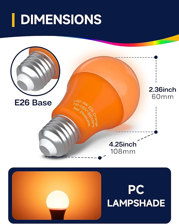 UNILAMP A19 Orange Light Bulb, 9W Equivalent 60Watt, E26 Base LED Orange Bulb, Colored Light Bulbs for Halloween Christmas, Party Decoration, Holiday Lighting, Non Dimmable, 4 Pack