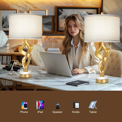 Scenekoy Sculptural Table lamp Set of 2 for Living Room with Marble Base & USB Ports, Gold Leaf Finish Rustic Bedside Lamps with S Cluster Pull Chains Switch, Nightstand Lamp for Office Hotel Bar