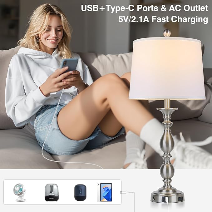 28" Tall Modern Table Lamps Set of 2 with USB A+C Ports and AC Outlet, 3 Way Touch Metal Bedside Lamps for Bedroom, Silver Farmhouse Nightstand Lamps for Living Room