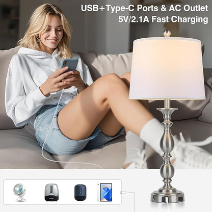 28" Tall Modern Table Lamps Set of 2 with USB A+C Ports and AC Outlet, 3 Way Touch Metal Bedside Lamps for Bedroom, Silver Farmhouse Nightstand Lamps for Living Room