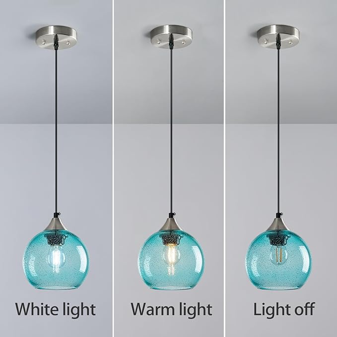 Light Blue Glass Pendant Lights Kitchen Island Globe Pendant Light Fixtures Modern Pendant Lighting for Bedroom Living Dining Room Light Fixture (5.9 in, 3 Pack)