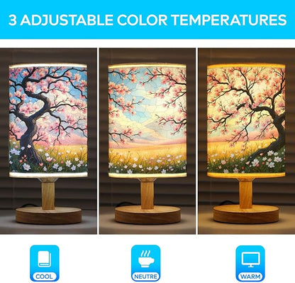 Cherry Blossom Field in Full Bloom Table Lamp LED 3-Color Pressed Bedside, Cherry Blossom Field in Full Bloom Shade Lamp with Wood Base for Bedroom Living Room Desk Office TL01