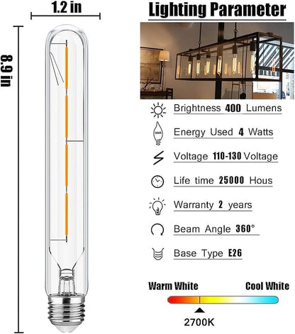 XININSUN T10 Led Bulb,8.9 Inch Long Tubular Led Light Bulbs,40Watt Equivalent, Warm White 2700K 400lm,E26 4W led t10 Bulb,LED Filament Light Bulb,Dimmable Long Light Bulbs,Clear Glass,4 Pack.