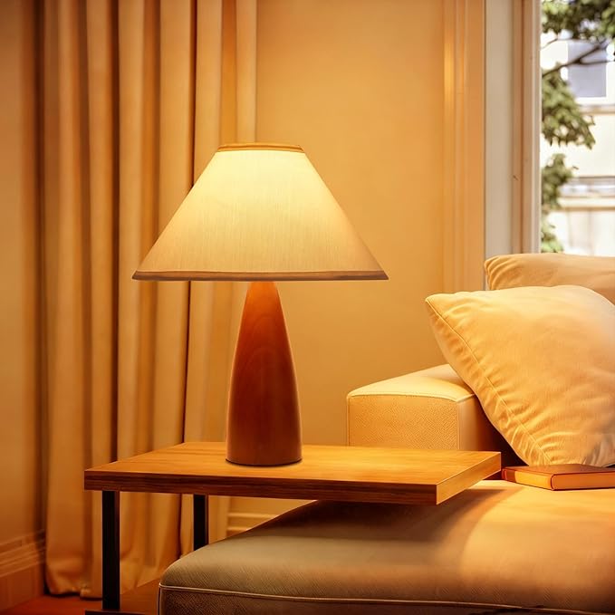 Bedside Table Lamp for Bedroom, Mid-Century Modern Plug in Fabric Shade & Solid Wood Base Desk Lamp, Plug & Play Red Wood Nightstand Lamp for Living Room, Office 【Bulb Included】