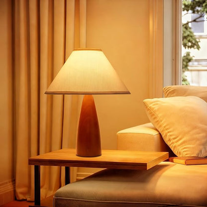 Bedside Table Lamp for Bedroom, Mid-Century Modern Plug in Fabric Shade & Solid Wood Base Desk Lamp, Plug & Play Red Wood Nightstand Lamp for Living Room, Office 【Bulb Included】