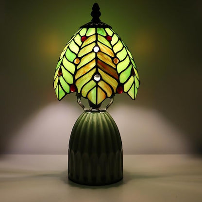 Stained Glass Mushroom Table Lamps 6X6X12.5 Inch Green Coconut Leave Style Small Night Light Ceramic Base Mini Accent Desk Light Suitable for Bedside Table Bedroom Children Room