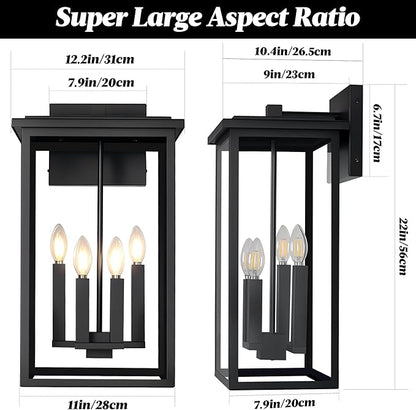 Extra Large Outdoor Wall Light Fixture,Black Outdoor Wall Sconce,Exterior Garage Lights, Modern Exterior Lights for House,Waterproof Front Porch Lanterns with Toughened Glass E12 1 Pack