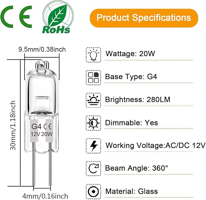 G4 Halogen Bulb 20W, 12 Pack Dimmable G4 Light Bulb for Under Cabinet Puck Light, Chandeliers, Track Lighting, AC/DC 12 Volt, T3 JC Type Bi-Pin Base, Warm White 2700K