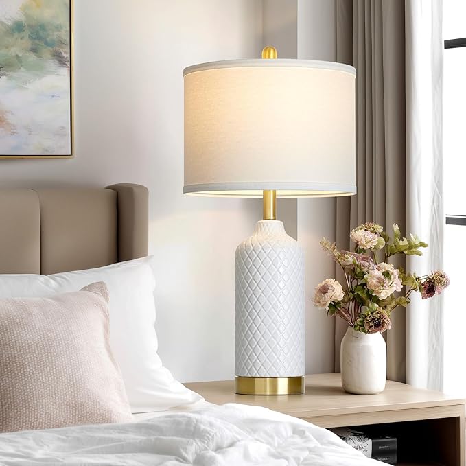 26“ White Ceramic Table Lamps for Living Room, Modern Ceramic Lamps Set of 2, Tall Bedside Lamp for Nightstand, Classic Farmhouse Bedroom Lamp for Desk Side End Table Home Decor