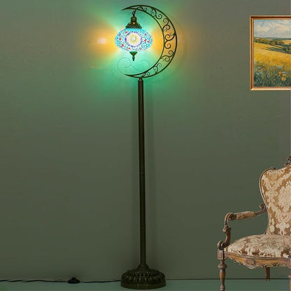 3D Crescent Moon Turkish Floor Lamp - 60 Inch Boho Lamp, 8 Inch Stained Glass Shade, Handmade for Living Room, Bulb Included (Multicolor,YUELFL-04)