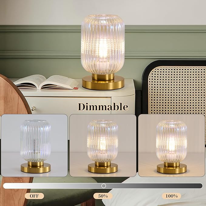 Dimmable Colorful Glass Table Lamp: Mid Century Modern Nightstand Light With Stained Shade - Small Decorative Brass Desk Lamp - Ribbed Glass Bedside Tables Lamps for Bedroom Living Room Bulb Excluded