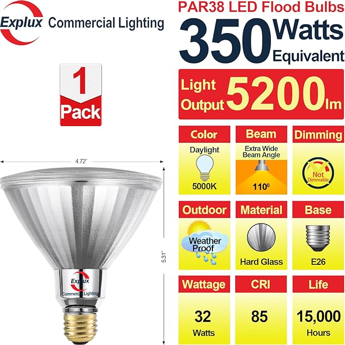 Explux 350 Watt Equivalent PAR38 LED Flood Light Bulb, Ultra Bright 5200 Lumens, Non-Dimmable, Full-Glass Outdoor Waterproof & Anti-Ageing, Daylight 5000K, 1-Pack