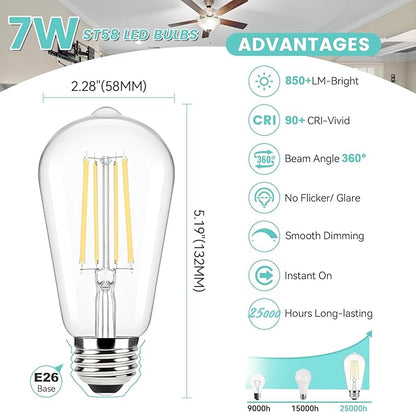 Brightever Dimmable LED Light Bulbs 60W Equivalent, 4000K Cool White Edison Light Bulb, 7W, 850LM Vintage E26 Base Bulb, 90+CRI, ST58 Clear Glass Antique LED Filament Bulbs for Bathroom, 6-Pack