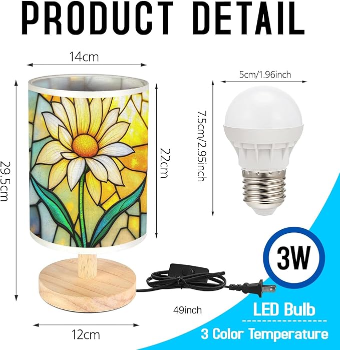 Daisy Table Lamp LED 3-Color Pressed Bedside, Daisy Shade Lamp with Wood Base for Bedroom Living Room Desk Office TL01