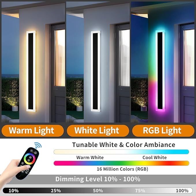 Mikeru Upgraded Widened RGB Long LED Wall Lights, 2Pack 47.2inch Outdoor Sconces RGB/Warm/White Dimmable Outdoor Wall Lights Exterior Front Porch Light Ip65 Waterproof Wall Sconce with Remote Control