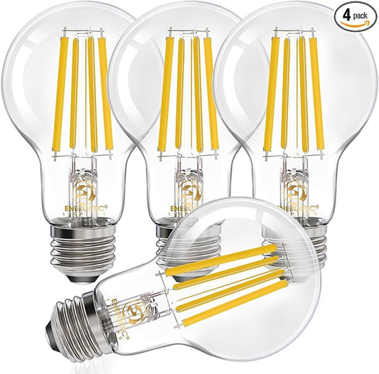 Energetic Dimmable A19 LED Edison Light Bulb, 12W Equivalent 100W, 1600LM High Brightness, 3000K Warm White, Clear Antique LED Filament Bulb for Home, Bathroom, E26 Standard Base, 4-Pack
