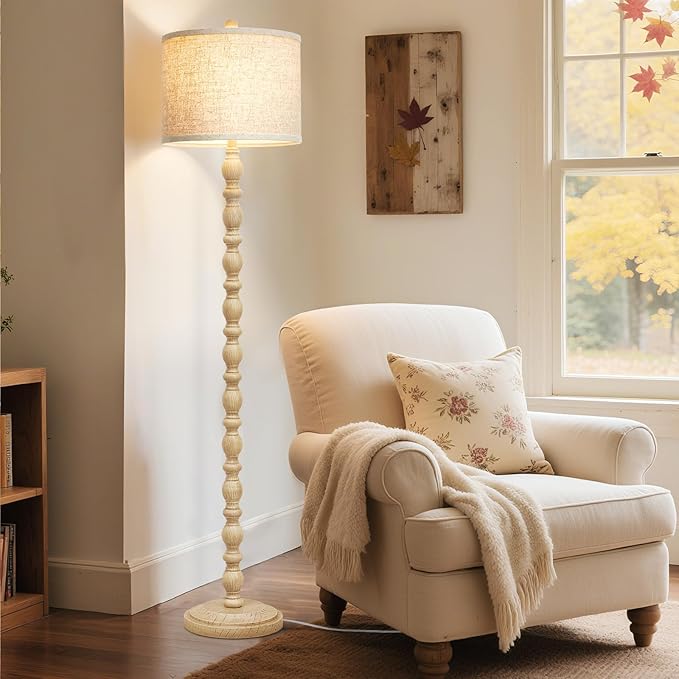 62" Floor Lamps for Living Room, Adjustable Color Temperature Standing Lamp, Vintage Farmhouse Floor Lamp with Rotary Switch, Rustic Resin Tall Lamps for Living Room, Bedroom, Office, Corner (Cream)
