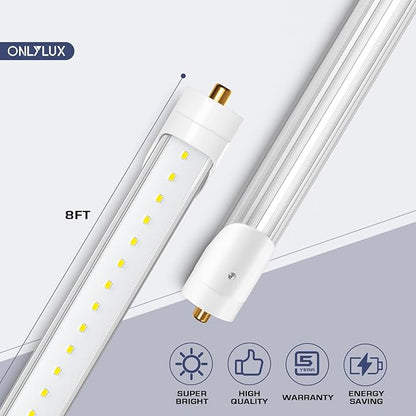 T8 8ft LED Bulbs, F96T12 Led Replacement 8 Foot Led Lights, 6000K 40W 4800LM (100W 8' Fluorescent Equivalent),Single Pin FA8 Base, 110V 120V 277V Input, Clear Cover (10 Pack)