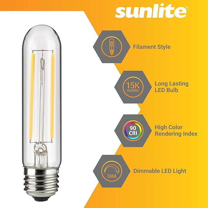 Sunlite LED Filament T10 Tubular Light Bulb, 2 Watts (25W Equivalent), 160 Lumens, Medium E26 Base, 120 Volts, Dimmable, 90 CRI, UL Listed, Clear, 2700K Soft White, 10 Pack