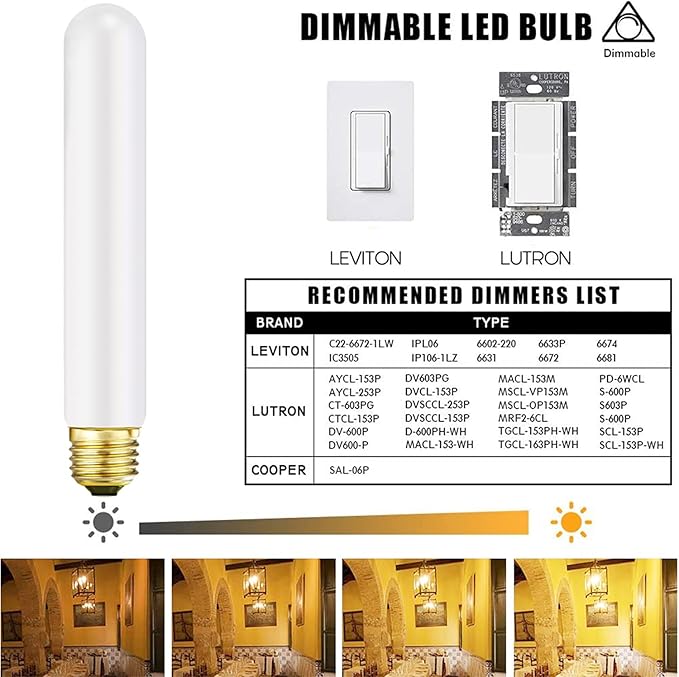 T10 LED Light Bulb 7.3inch E26 Base Matt Opal Porcelain Warm White 2700K Dimmable Edison 6W Led Tubular Bulb,600LM,60 Watt Equivalent,Outside Frosted Glass,for Cabinet Display Cabinet etc,4 Pack.