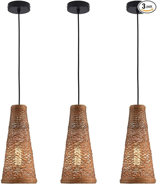 3 Pack Woven Pendant Lights Modern Boho Hanging Lamp Handwoven Woven Rattan Shade Adjustable Height Retro Boho Pendant Lamp for Kitchen Island, Bedroom, Dining Room