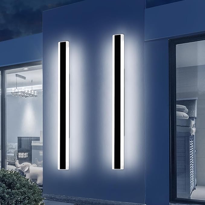 2 Pack 57inch Exterior Wall Light Fixture, 6000K Cold White, Modern Long Outdoor Wall Sconce, IP65 Waterproof, 50W, Black Outside LED Strip Lighting for Garage, Patio, Balcony, Fence