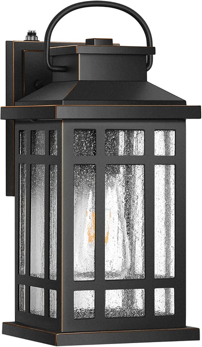 Exterior Lighting Fixtures, Black Porch Lights Outdoor with Gold Trim, Dusk to Dawn Porch Light with Seeded Glass, Aluminum Anti-Rust Waterproof Outdoor Wall Lantern for Houae, Garage, Doorway