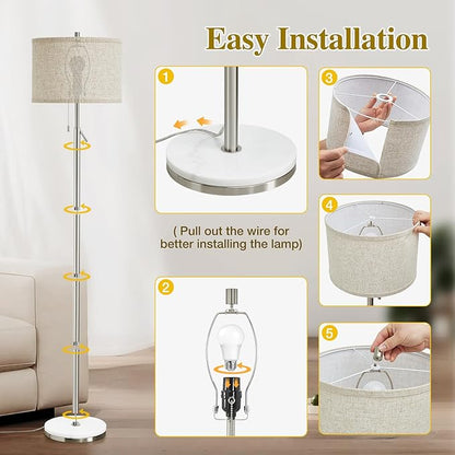GyroVu Marble Floor Lamp, Adjustable Height Standing Lamp with Marble Base Tall Lamp with Pull Chain Switch Floor Lamps for Living Room, Bedroom & Office Bulbs Not Included(Silver)