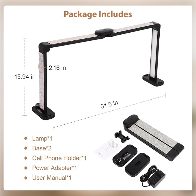 FAHKNS Large Half-Moon Light for Nail Desk, 34IN Foldable LED Lamp with Phone Holder, 3000-6000K Color Temperature, Stepless Brightness Adjustment, Nail Art, Tattooing, White with Diamonds