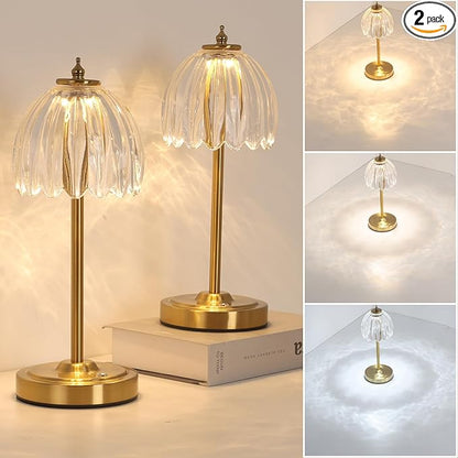 Set of 2 Tulip Table Lamp with 5000mAh Battery & Touch Control, Cordless Small Table Lamp with 3 Colors, Dimmable Rechargeable Table Lamps for Bedroom, Desk, Bedside (Transparent Tulip)