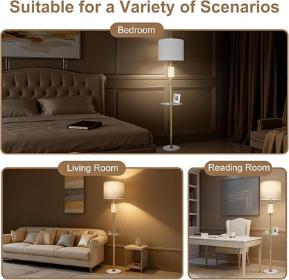 Modern Floor Lamp for Living Room with Glass Tray and Night Light, Alabaster Bedroom Lamp, Tall Lamp with Linen Shade, Marble Base Standing Lamp for Living Room,Bedroom,Office(Bulb Included)