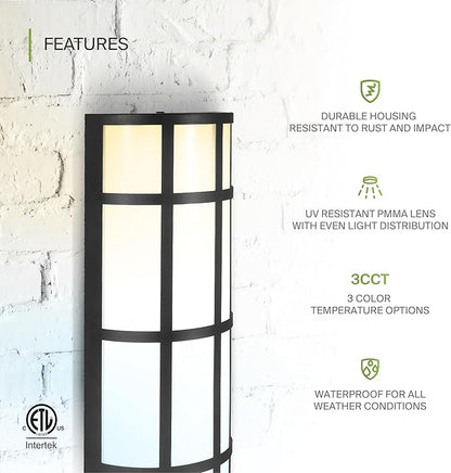 ASD 36 Inch LED Outdoor Wall Mount Light Fixture with Grid - Matte Black Modern Wall Sconce - 30W 120-277V 3000K 4000K 5000K Adjustable - Dimmable Exterior Lights - Front Door, Patio - ETL 2 Pack