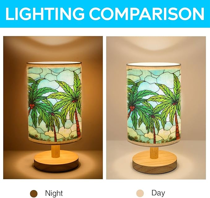 Hawaiian Palm Table Lamp LED 3-Color Pressed Bedside, Hawaiian Palm Shade Lamp with Wood Base for Bedroom Living Room Desk Office