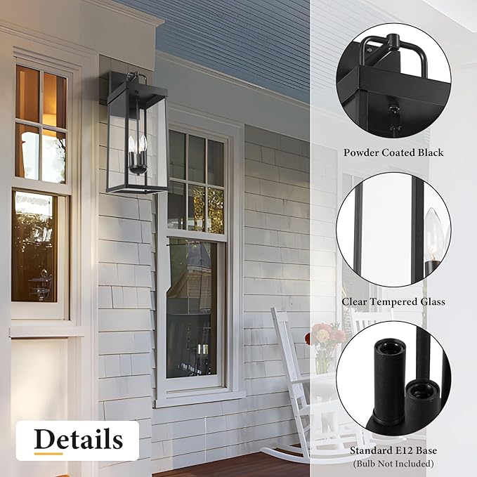 Dusk to Dawn Outdoor Wall Sconce Light, 24 Inch Tall Transitional Exterior Wall Lighting with Clear Glass, Anti-Rust Powder Coat Black Modern Outside Wall Lantern for Front Porch, DDRZ008L BK