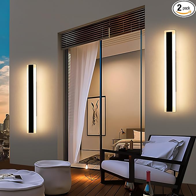 2 Pack Outdoor Porch Light, 23.6inch Modern LED Wall Sconce, IP65 Waterproof Exterior Light Fixture, 3 Color Lights 3000K/4500K/6000K, 24W, Outdoor Lighting for Patio, Yard, Garage