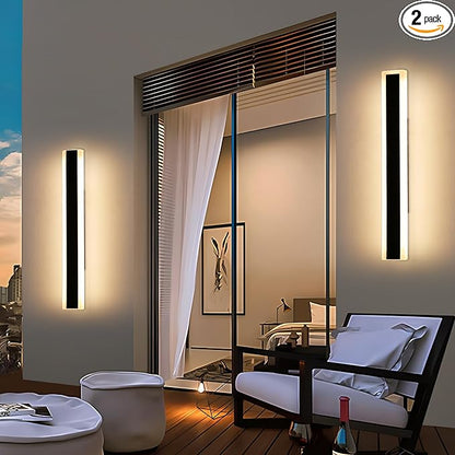 2 Pack Outdoor Porch Light, 23.6inch Modern LED Wall Sconce, IP65 Waterproof Exterior Light Fixture, 3 Color Lights 3000K/4500K/6000K, 24W, Outdoor Lighting for Patio, Yard, Garage