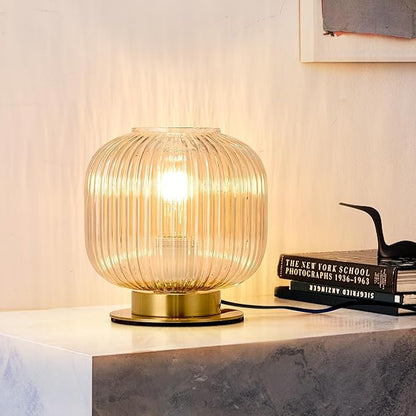 NKU Mid-Century Modern Glass Table Lamp Featuring a Ribbed Glass Shade, Gold-Finished Nightstand or Desk Lamp Ideal for Bedside, Corner Bookshelf, Living Room, or Office (Amber Table Lamp)