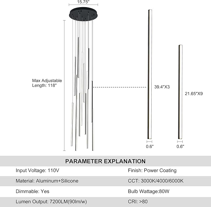 118" Modern LED Chandelier, Clustered Led Pendant Light, 12-Lights Dimmable High Ceiling Large Hanging Lighting Fixture for Loft Villa Living Room Stairs Foyer (Black-80W-12 Lights)