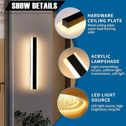2 Pack Outdoor Porch Light, 23.6inch Modern LED Wall Sconce, IP65 Waterproof Exterior Light Fixture, 3 Color Lights 3000K/4500K/6000K, 24W, Outdoor Lighting for Patio, Yard, Garage