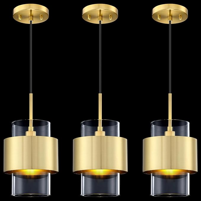 3 Pack 1 Light Hanging Indoor Kitchen Island 6" Drum Clear Glass Shade Pendant Ceiling Light Fixtures,Brushed Bronze Finish Modern Farmhouse Dinning Over Sink