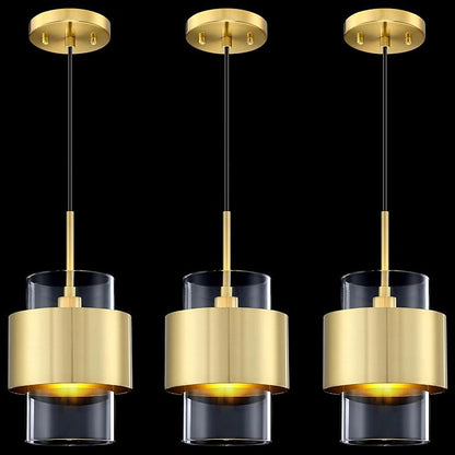 3 Pack 1 Light Hanging Indoor Kitchen Island 6" Drum Clear Glass Shade Pendant Ceiling Light Fixtures,Brushed Bronze Finish Modern Farmhouse Dinning Over Sink